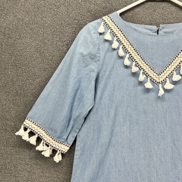 Hayden LA Denim Tunic Top Dress Size S Blue Boho Festival Tapestry Tassel fringe - Picture 2 of 11